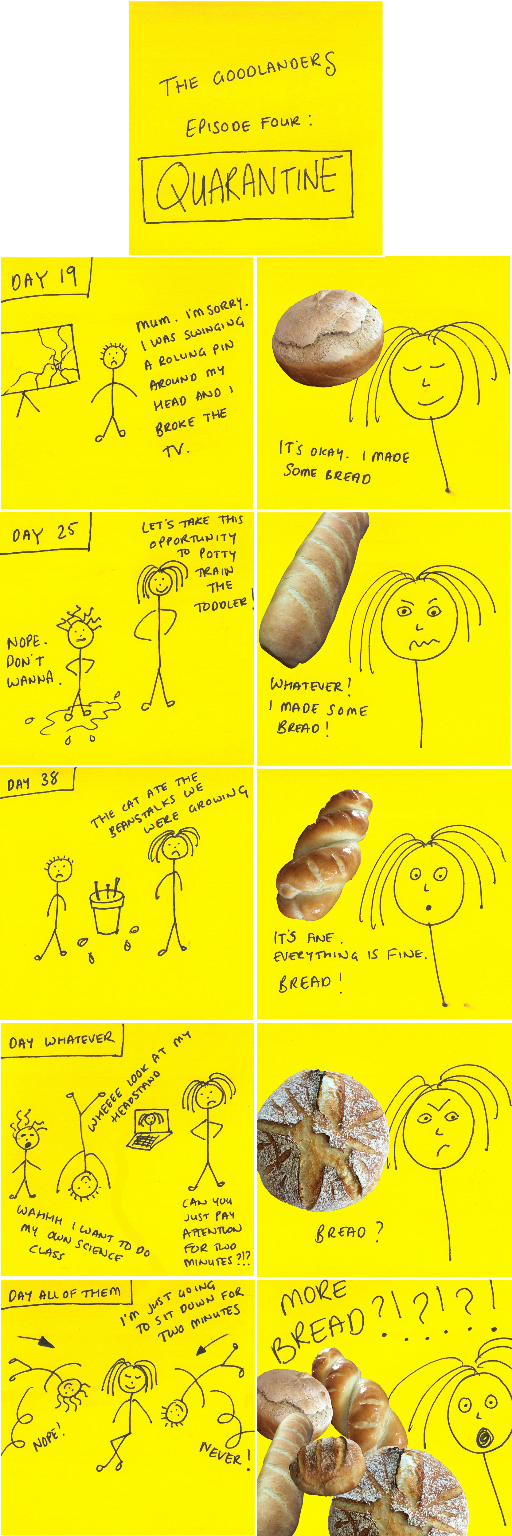 Badly drawn comic strip showing a frazzled mum coping with quarantine by maing all the bread